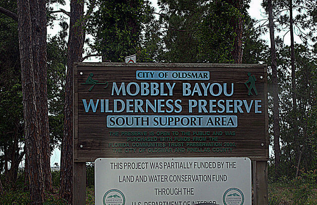 Entry sign of the Mobbly Bayou Wilderness Preserve / Wikimedia / Gbklyn
Link: https://commons.wikimedia.org/wiki/File:Mobbly_Bayou_Sign.jpg