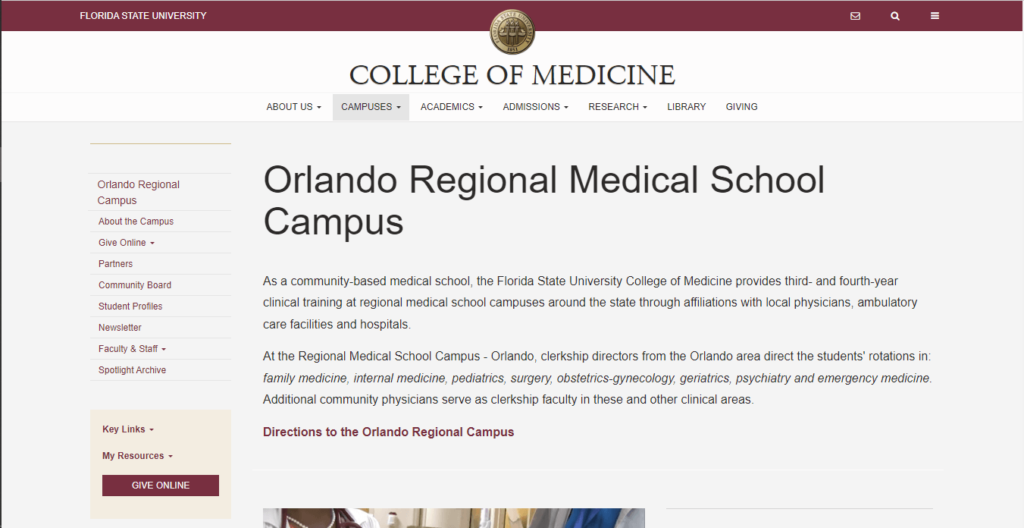 Homepage of FSU College of Medicine - Orlando Regional Campus / https://med.fsu.edu/orlando/home
