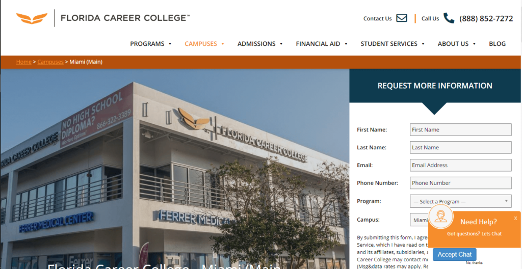 Homepage of Florida Career College / https://www.floridacareercollege.edu/trade-school/florida/miami/
