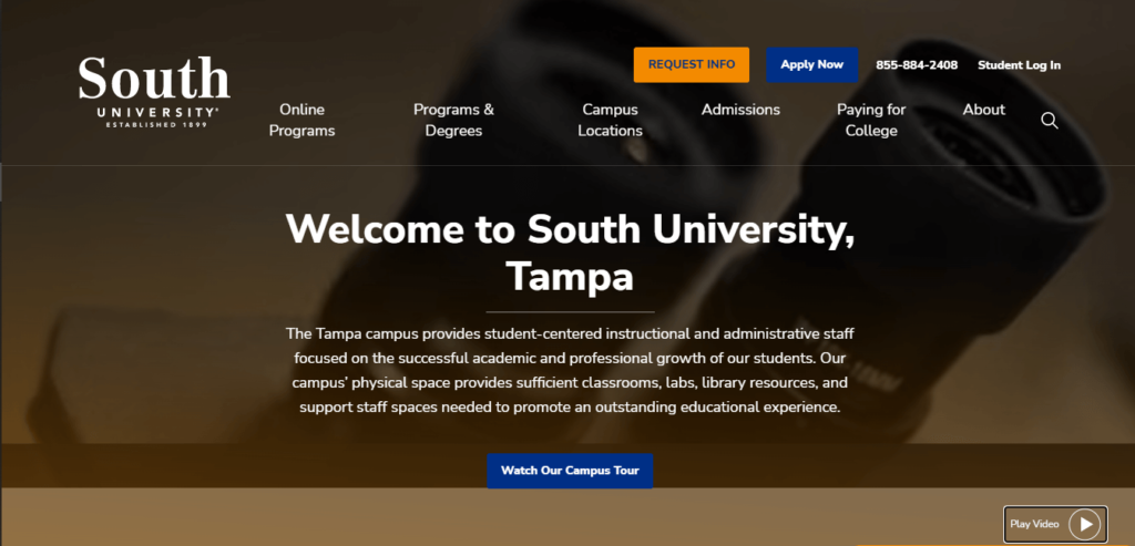Homepage of South University Tampa  / https://www.southuniversity.edu/tampa
