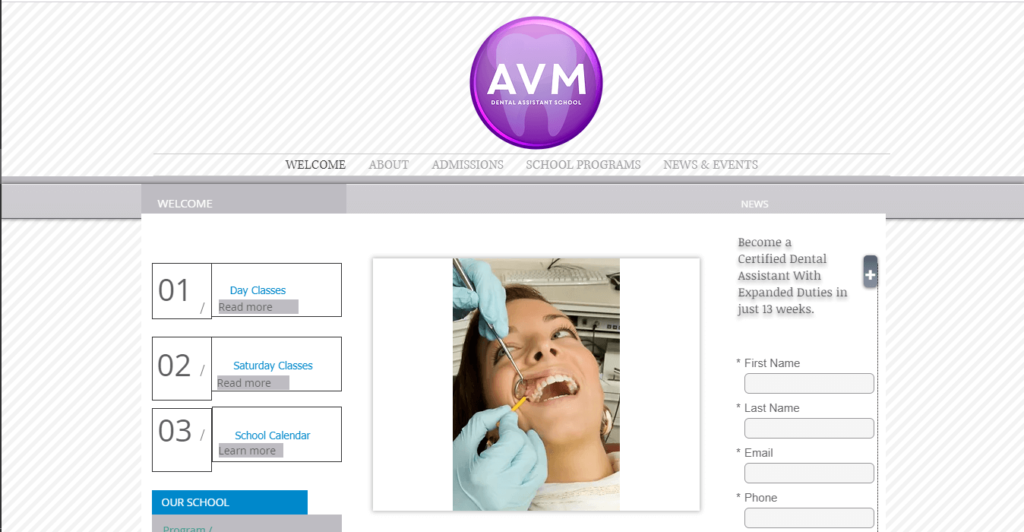 Homepage of AVM Dental Assistant School, LLC / https://www.avmdentalassistantschool.com
