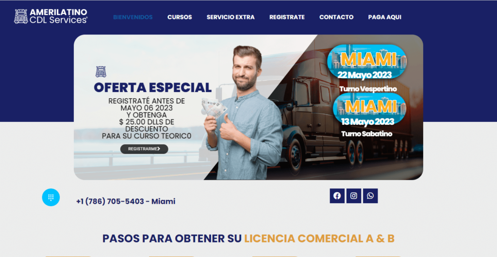 Homepage of AmeriLatino CDL Services / https://amerilatinocdlservices.com
