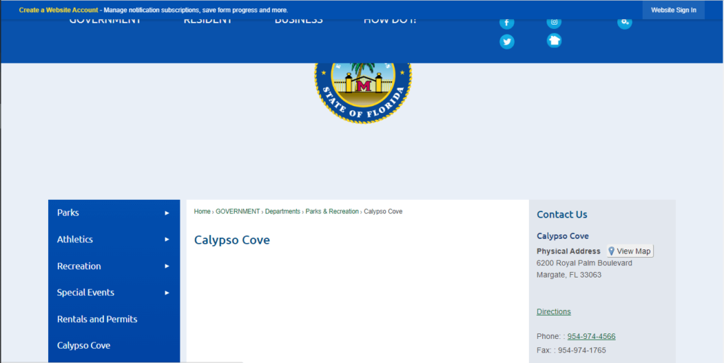 Homepage of Calypso Cove Aquatic Facility / https://www.margatefl.com/528/Calypso-Cove

