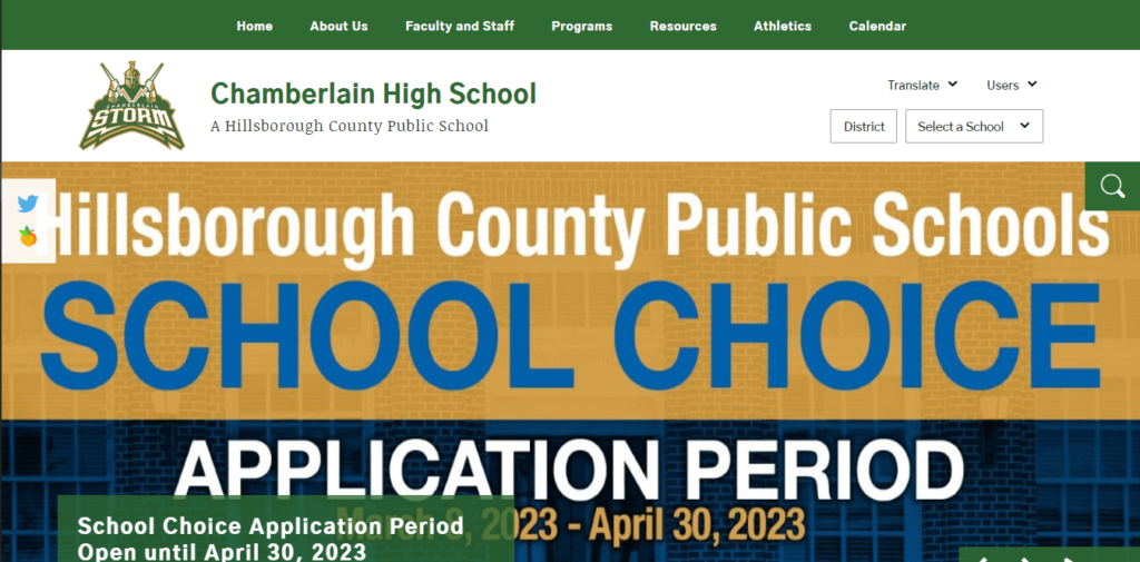 Homepage of Chamberlain High School / https://www.hillsboroughschools.org/chamberlain
