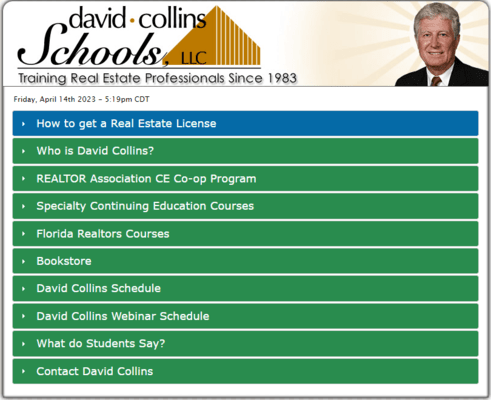 Homepage of David Collins Real Estate Schools / http://www.davidcollinsrealestateschools.com
