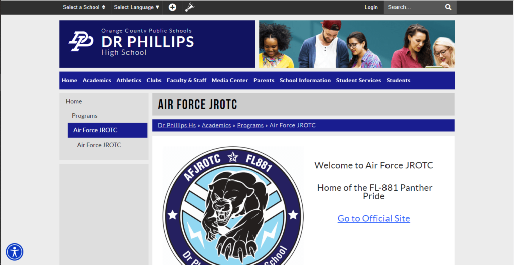 Homepage of Dr. Phillips High School AFJROTC / https://drphillipshs.ocps.net/academics/programs/a_f_j_r_o_t_c
