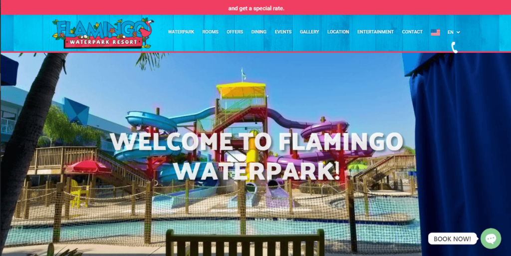 Homepage of Flamingo Waterpark Resort / https://flamingowaterpark.com
