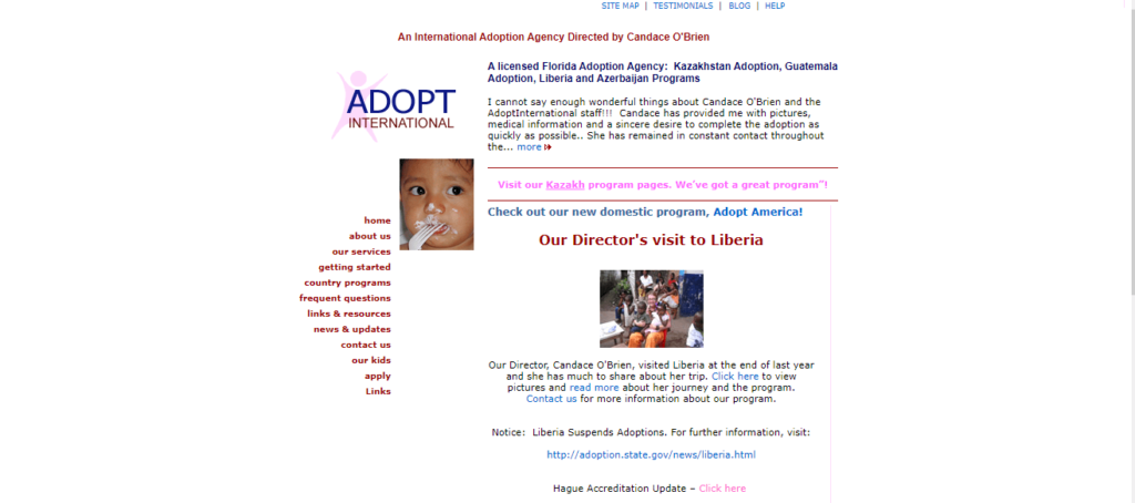 Homepage of AdoptInternational website/ adoptintl.com