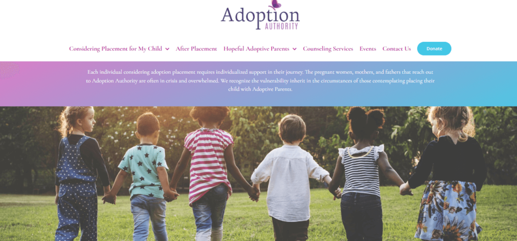 Homepage of Adoption Authority website / theadoptionauthority.org