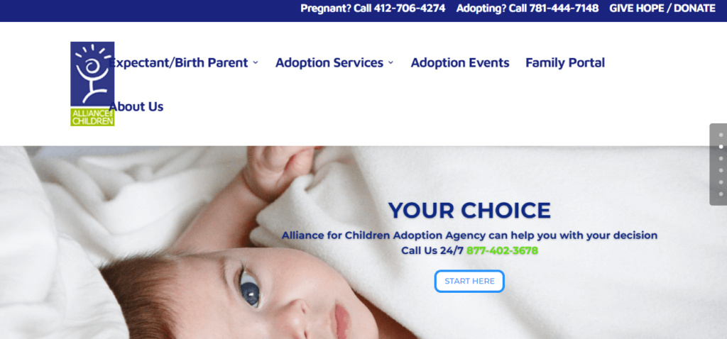 Homepage of Alliance for Children website / allforchildrenadoption.org