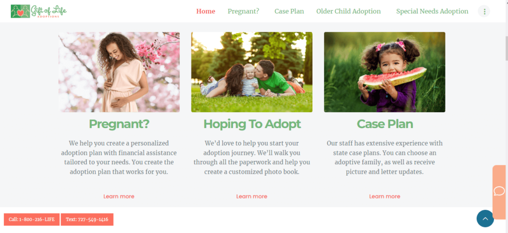Homepage of Gift of Life Adoptions website / giftoflifeadoptions.com