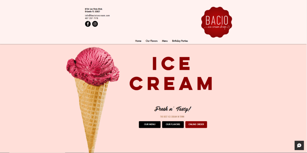 Homepage of Bacios ice cream shop's website / bacioicecream.com