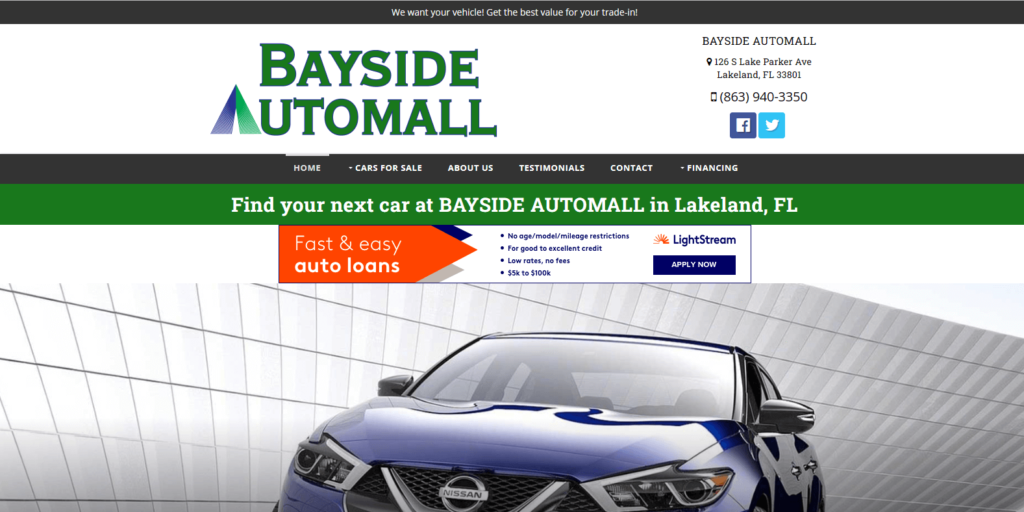 Homepage of Bayside Auto Mall's website / www.baysideautomall.com