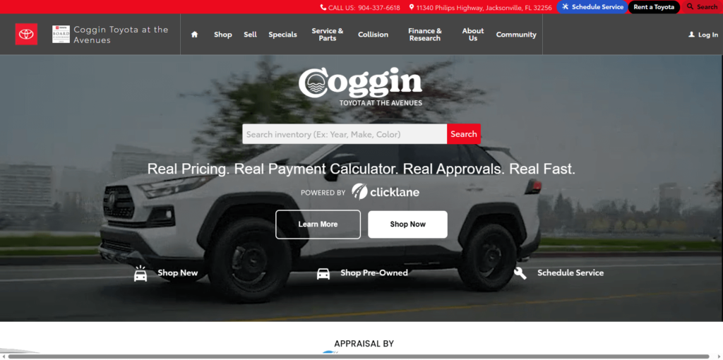 Homepage of Coggins Toyota at the Avenues' website / www.coggintoyota.com