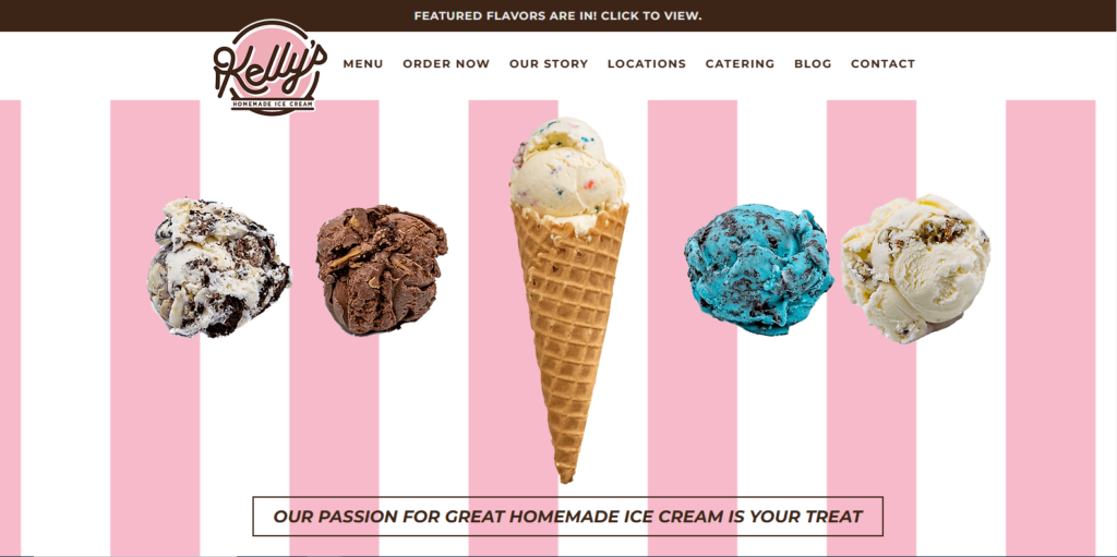 Homepage of Kelly's homemade ice cream's website / kellyshomemadeicecream.com
