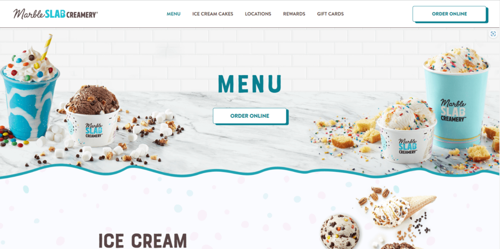 Homepage of Marble slab creamy ice cream's website / marbleslab.com