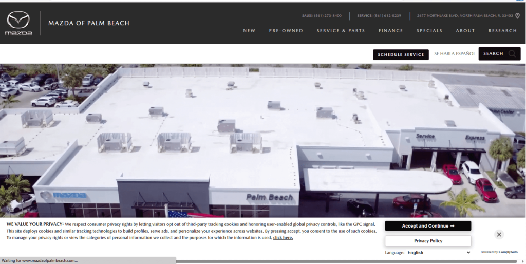 Homepage of Mazda of Palm Beach's website / www.mazdaofpalmbeach.com