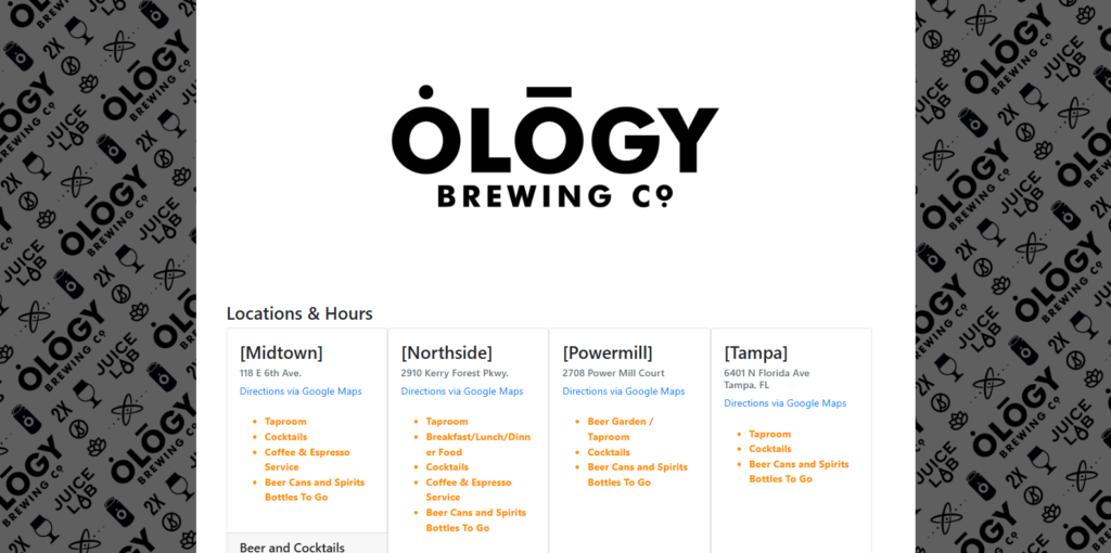 Homepage of Ology Brewery Company's website / www.ologybrewing.com