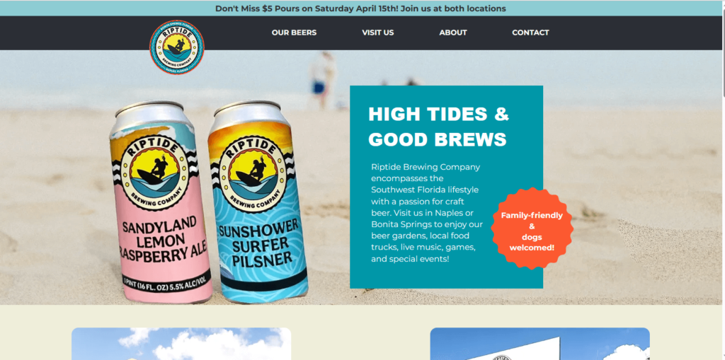 Homepage of Riptide Brewing Company's website / www.riptidebrewingcompany.com