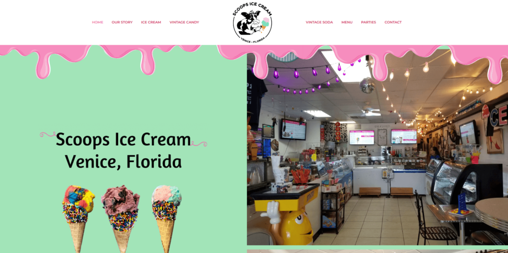 Homepage of Scoops Venice ice cream's website / scoopsvenice.com