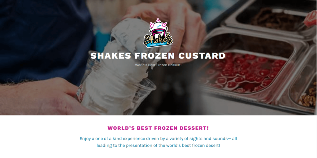 Homepage of Shakes Frozen Custard's website / shakesholdingcompany.com