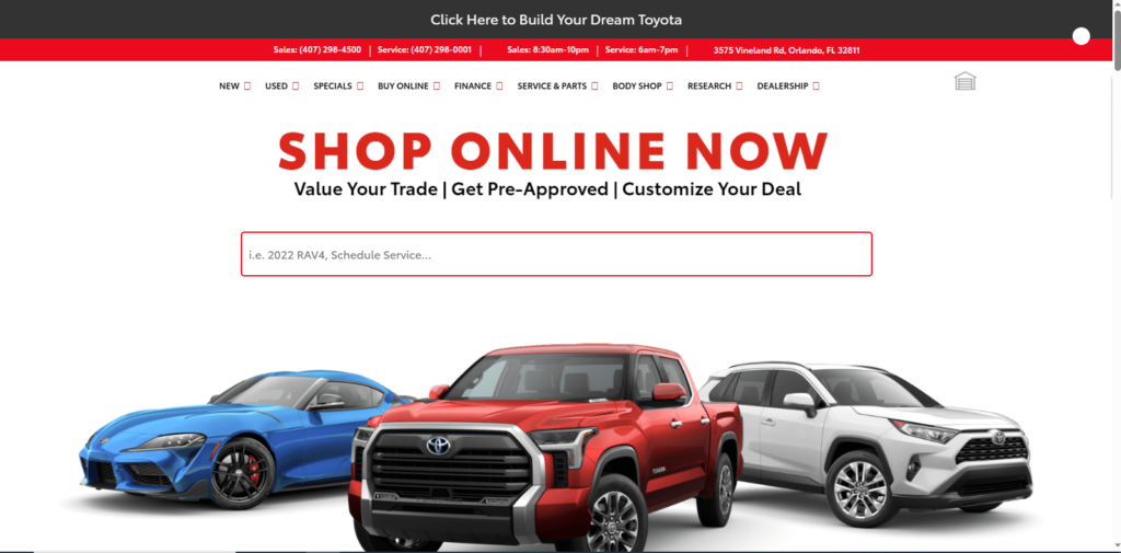 Homepage of Toyota of Orlando's website / www.toyotaoforlando.com