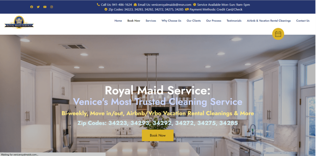 Homepage of Venice Royal Maids Cleaning Service's website / veniceroyalmaids.com