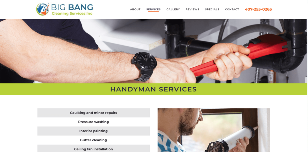 Homepage of a Big Bang Cleaning Service's website / bigbangcleaningservicesinc.com