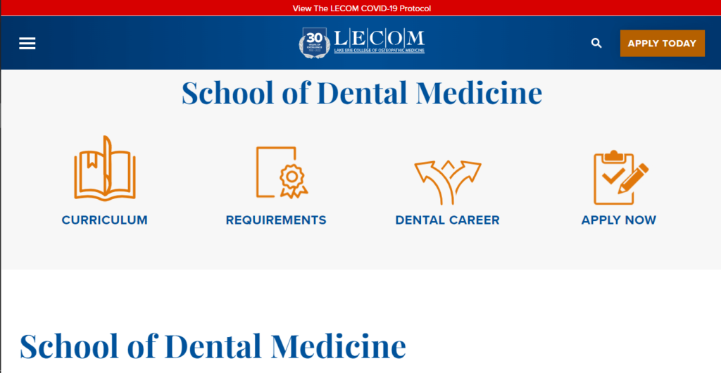 Homepage of LECOM School of Dental Medicine / https://lecom.edu/dental
