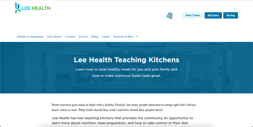Homepage of Lee Health Teaching Kitchen - Fort Myers / https://www.leehealth.org/health-and-wellness/teaching-kitchens?utm_source=local-listing&utm_medium=organic&utm_campaign=website-link
