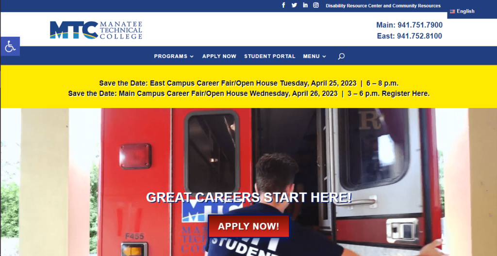 Homepage of Manatee Technical College East Campus / https://www.manateetech.edu
