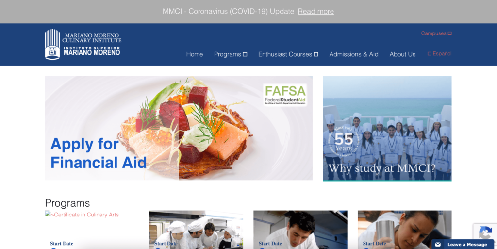 Homepage of Mariano Moreno Culinary Institute / https://www.mmci.edu
