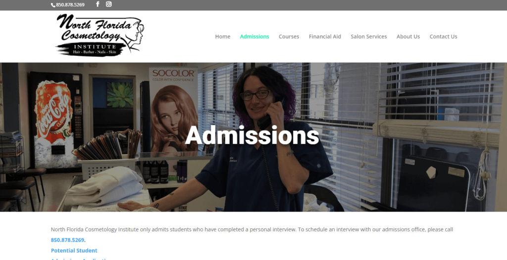 Homepage of North Florida Cosmetology Institute / https://cosmetologyinst.com/admissions

