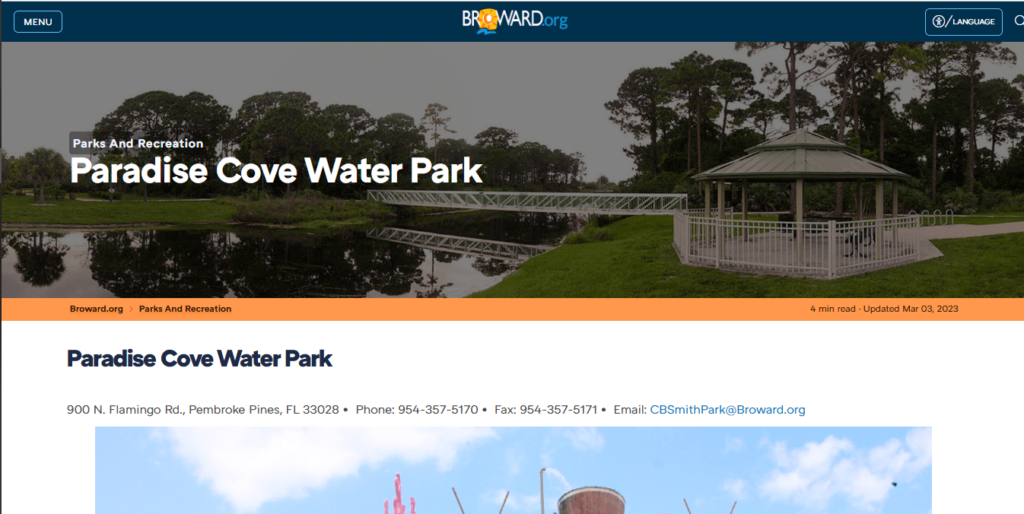 Homepage of Paradise Cove Water Park / https://www.broward.org/Parks/ThingsToDo/Pages/ParadiseCoveWaterPark.aspx
