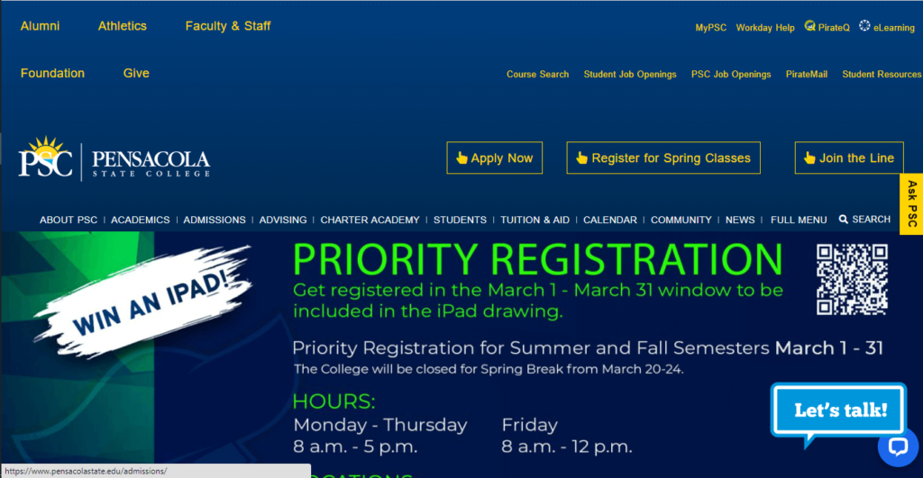 Homepage of Pensacola State College / https://www.pensacolastate.edu
