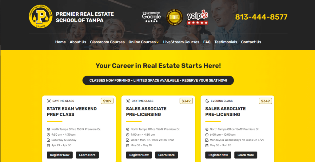 Homepage of Premier Real Estate School-South Tampa / https://www.tamparealestateschool.org
