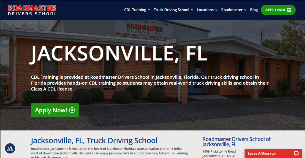 Homepage of Roadmaster Drivers School of Jacksonville, Inc / https://www.roadmaster.com/locations/jacksonville-florida

