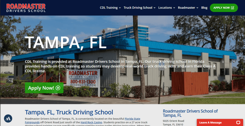 Homepage of Roadmaster Drivers School of Tampa / https://www.roadmaster.com/locations/tampa-florida
