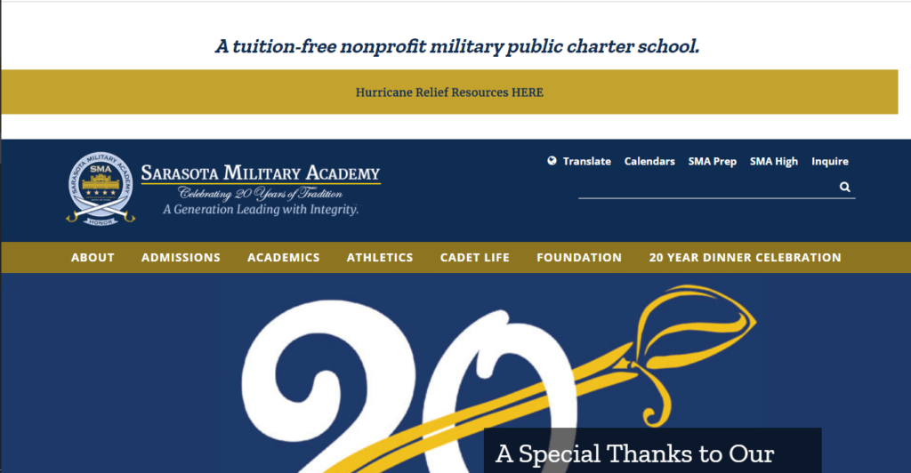 Homepage of Sarasota Military Academy / https://www.sarasotamilitaryacademy.org
