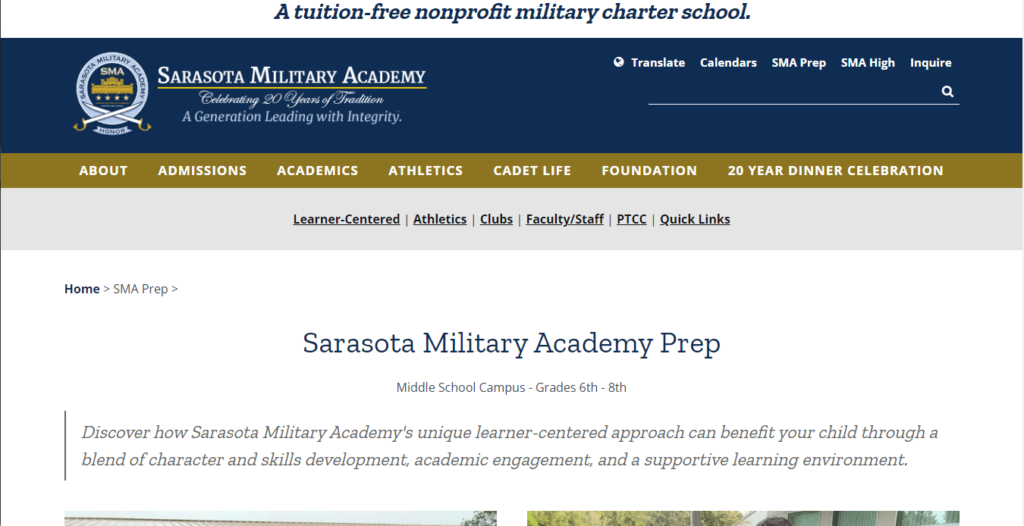 Homepage of Sarasota Military Academy Prep / https://www.sarasotamilitaryacademy.org
