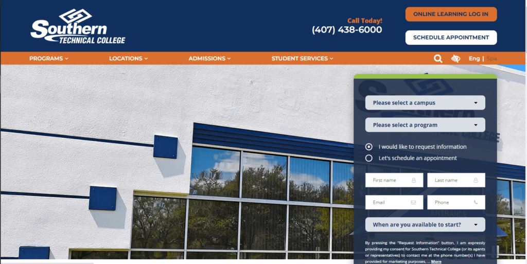 Homepage of Southern Technical College Orlando / https://www.southerntech.edu/locations/orlando