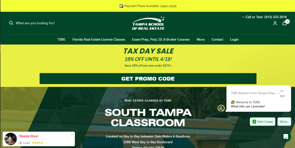 Homepage of TSRE | South Tampa School of Real Estate / https://tampaschoolofrealestate.com/pages/south_tampa?utm_source=google_maps&utm_campaign=south_tampa
