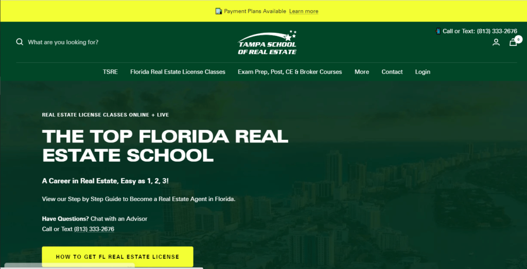 Homepage of TSRE | Tampa School of Real Estate / https://tampaschoolofrealestate.com/?utm_source=google_maps&utm_campaign=new_tampa
