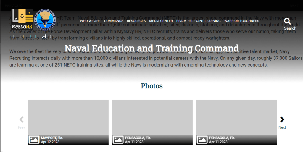 Homepage of US Naval Education and Training / https://www.netc.navy.mil
