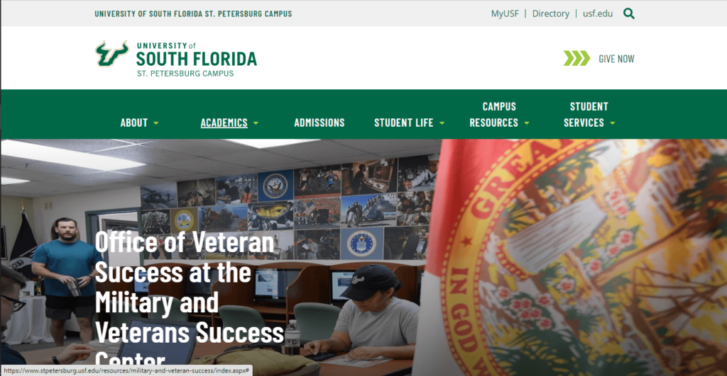 Homepage of USFSP Military and Veterans Success Centre / https://www.stpetersburg.usf.edu/resources/military-and-veteran-success/index.aspx
