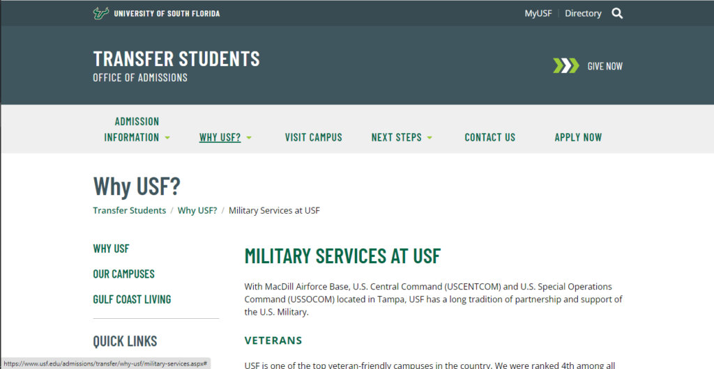 Homepage of Military University of South Florida / https://www.usf.edu/admissions/transfer/why-usf/military-services.aspx
