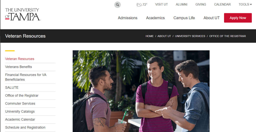 Homepage of Military University of Tampa / https://www.ut.edu/about-ut/university-services/office-of-the-registrar/veteran-resources
