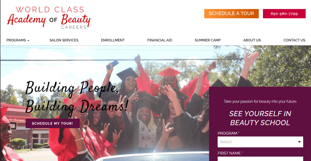 Homepage of World Class Academy of Beauty / https://worldclassacademybeautycareers.com/?utm_source=cumulus&utm_medium=onlinepresence&utm_campaign=gbp
