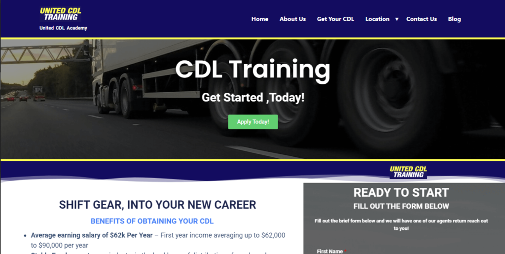 Homepage of cdl training academy / https://www.unitedcdla.com
