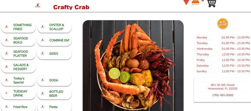 Homepage of Crafty Crab
Link: https://www.ezupos.us/2foodmenu8.jsp?sessionid=1681651599483A73149194179yqihonrfekvmnutlecepakikxzuo&restaurantId=31056&categoryId=null